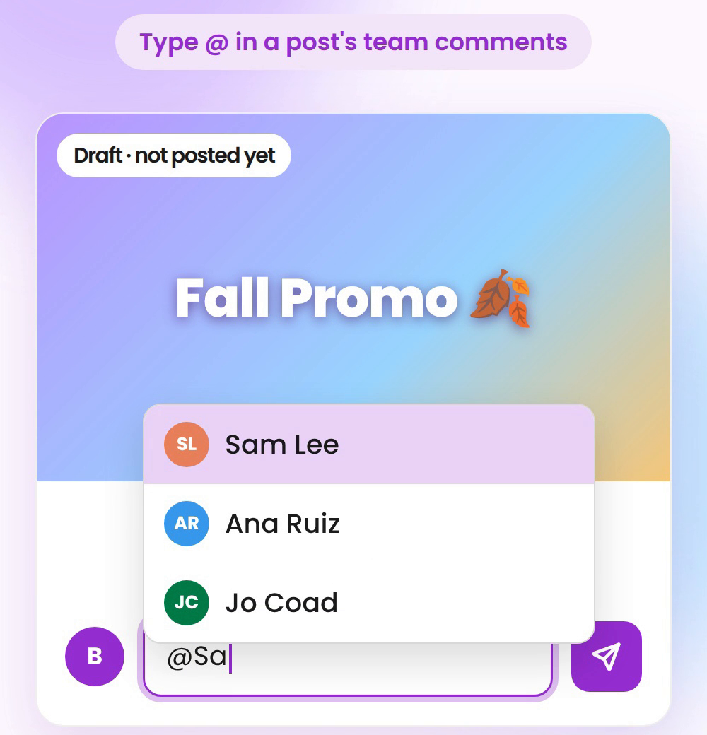 Typing @ in a post's team comments in Marky shows a list of teammates