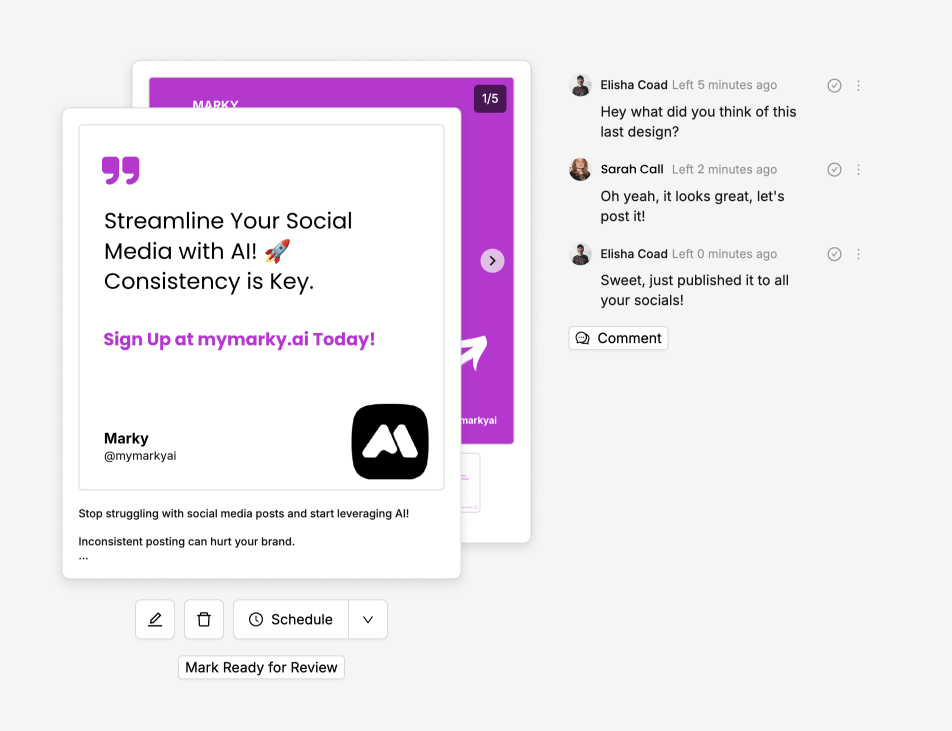 Image of posts with comments on them and the option to mark them as ready for review.